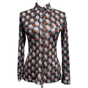 Vintage Organically Grown Arpeja‎ Womens Button-Up Shirt Geometric Pattern Nylon